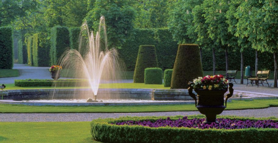 Landscaped park with fountain